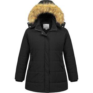 Women's Waterproof Black Long Puffer Hood Jacket Coat Winter Warm Removable Fur